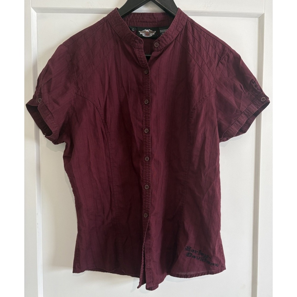 Y2K Harley Davidson Womens L Burgundy Button Up Shirt 96195-09VW Printed Wing